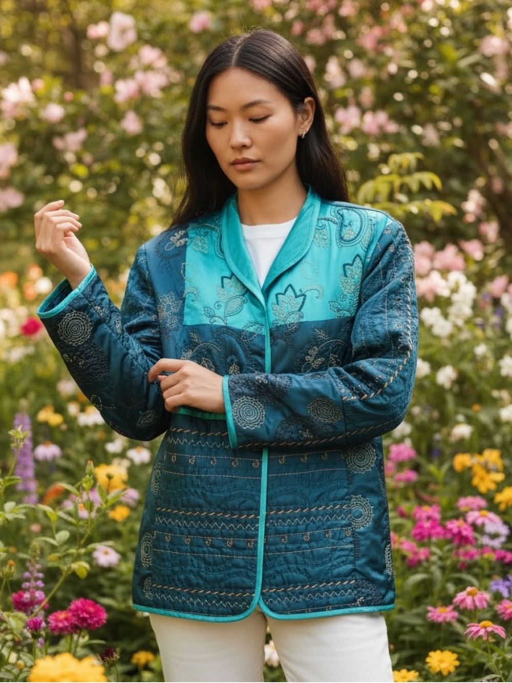 Diane Gilman Asian inspo quilted teal jacket patchwork embroidered flowers